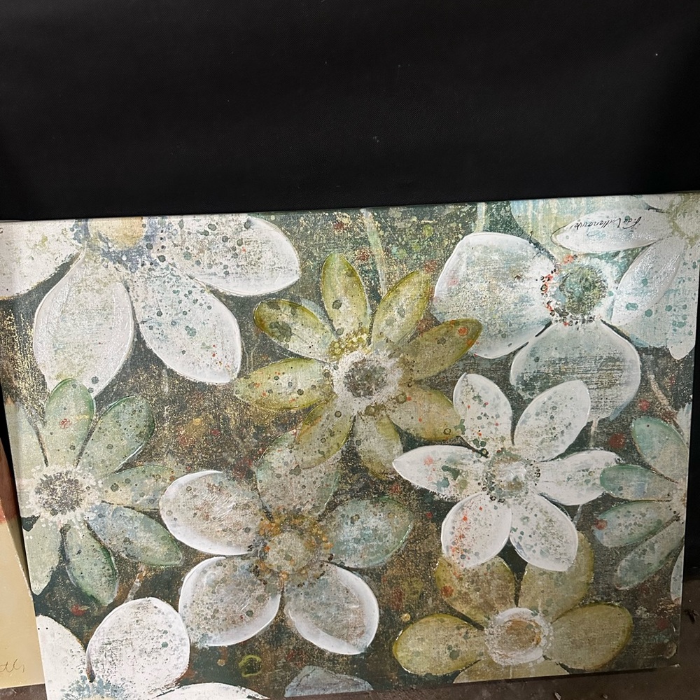 Floral Canvas Art with White and Green Accents